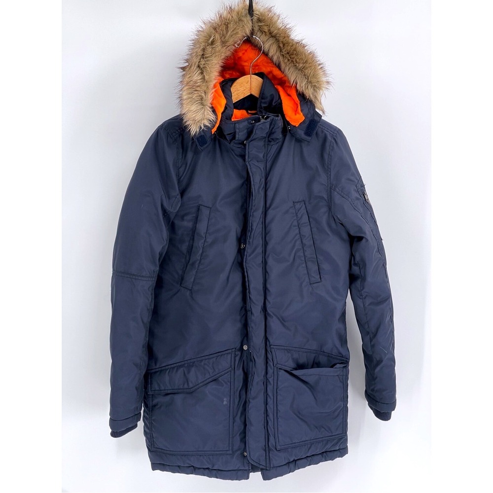 H&M Jacket Coat Parka Youth Boys Size 14 Navy Blue Hooded Faux Fur Winter Coat